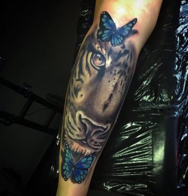 Realistic tiger tattoo on an arm with blue butterflies above its head.