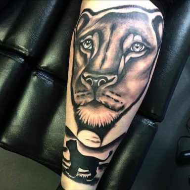 A realistic black and grey tattoo of a lion's face on a forearm.