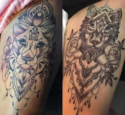 Two intricate tattoos featuring a lion and a wolf with floral and geometric designs.